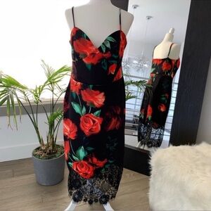 ASOS Red Rose Printed Sexy Dress with Lace trim size US 14 NWT